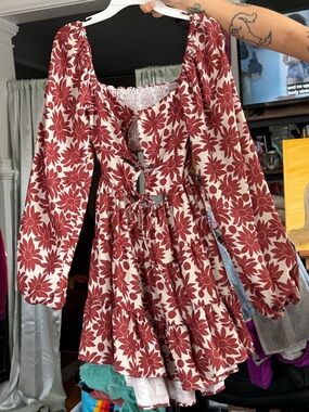 RESA Floral Cutout Mini Dress XS Red Cream Long Sleeve Cottagecore